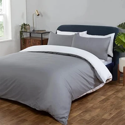 Image de Brentfords Parure de lit Simple avec Housse Couette réversible et taie d&#039;oreiller Gris Blanc