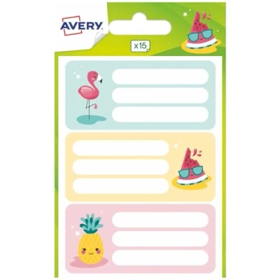 Image de AVERY 15 Étiquettes Cahier et Matériel Scolaire Fantaisie Design Tropical : Flamand Rose, Pastèque Ananas Inscriptibles Format 76 x 34 mm
