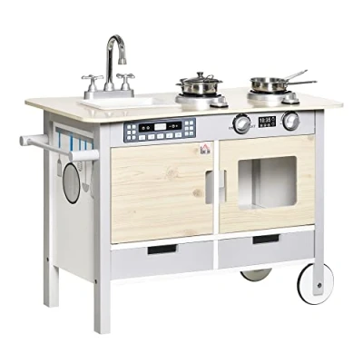 Image de HOMCOM Cuisine desserte pour Enfant 2 en 1 Multi équipement avec 5 Accessoires Acier INOX. MDF Aspect Bois Clair Gris