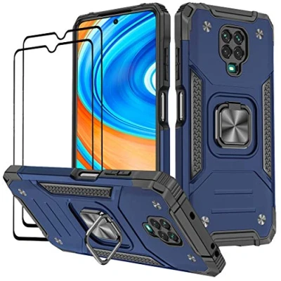 Image de KANSI Coque Compatible pour Xiaomi Redmi Note 9 Pro/Redmi 9S, Verre Trempé [2 Pièces] Housse TPU Silicone Rotation 360 Aimant Anneau Support Double Défense Protection Etui Bleu