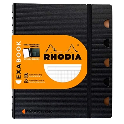 Image de RHODIA 132572C Cahier d’Organisation Rechargeable Exabook Noir A5+ Petits Carreaux 160 pages Détachables Perf 6 Trous Papier Clairefontaine 80 g/m² Couverture Polypro recyclée