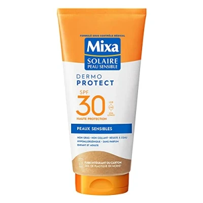 Image de Mixa Solaire Peau Sensible Lait Haute Protection SPF30 UVA, UVA longs, UVB Enfants Adultes Résistant à l&#039;Eau Hypoallergénique, Sans Parfum 175ml