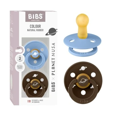 Image de BIBS Tétine Colour Planet Nusa. Lot de 2 sucettes. Sans bisphénol A, Téterelle ronde. Latex caoutchouc naturel, Fabriqué au Danemark, Taille (6 18 mois), Sky Blue Mix