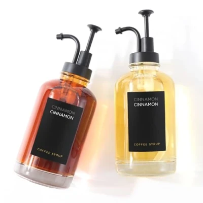 Image de Joyfulmap Lot de 2 distributeurs sirop café avec 18 étiquettes, distributeur à pompe noire bouteilles pour bar café, bouteille minimaliste en verre, d&#039;érable