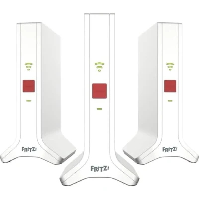 Image de Fritz!Mesh Set 4200 Lot de 3 (3 x Fritz!Répéteur, idéal pour routeur Internet ou modem à fibre optique (ONT), couverture Wi Fi 5 7 pièces, Triband 6 jusqu&#039;à 4 200 Mbit/s, version