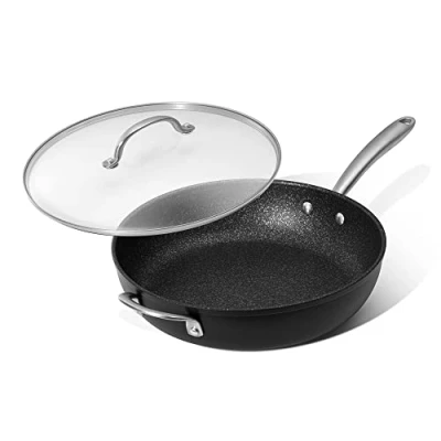 Image de PRESTIGE poêle à frire antiadhésive avec couvercle induction de 31 cm profondeur base et poignées en acier inoxydable, résistante aux rayures, nettoyage facile, noir