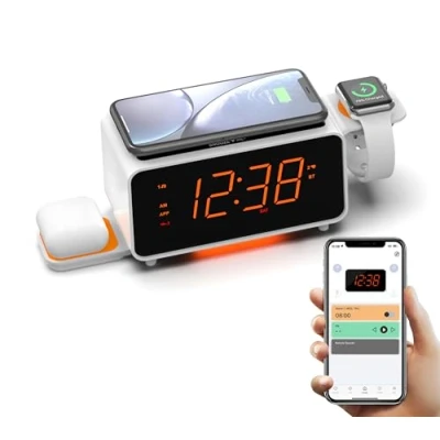 Image de Radio réveil à Double Charge sans Fil avec Haut Parleur Bluetooth, FM Radio, Deux Ports USB, Alarme, Veilleuse, Commande de Gradateur et écran Orange 1,4&quot; iTOMA CKS209