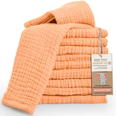Image de LAYNENBURG Lot de 10 Linge Crachat Premium Bébé en Mousseline Extra Douce 100% Coton 30x50cm Oeko Tex 100 comme Langes Gaze ou Couches Tissu (Abricot)