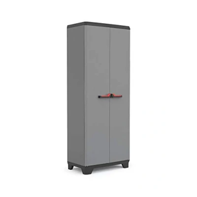 Image de Keter Armoire Utilitaire STILO de Rangement en Résine Multifonctions Étagères et Pieds Ajustables, Poignée Soft Touch Cuisine, Garage, Atelier 68 x 39 173 cm Gris/Noir/Rouge