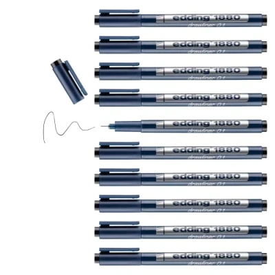 Image de edding 1880 Feutre fin de précision Noir 10 stylos Largeur trait 0,1 mm pour une écriture et des esquisses précises Pointe fine gainée métal adapté aux règles pochoirs
