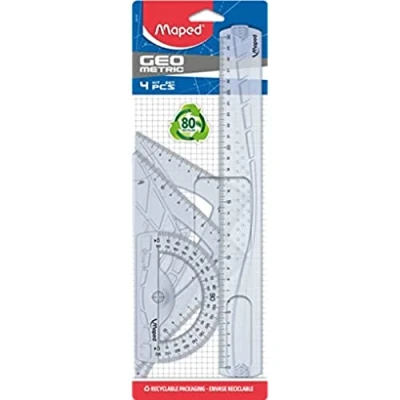 Image de Maped Kit Géométrie 4 en 1 Règle 30 cm + Équerre Scolaire 60/21 45/21 Rapporteur 180 / 12 Set de Traçage Rigide Transparent