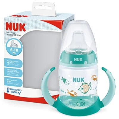 Image de NUK First Choice+ Bouteille d&#039;apprentissage 6 à 18 mois 150 ml Indicateur de contrôle la température Bec anti fuite Poignées ergonomiques Sans BPA Poissons verts