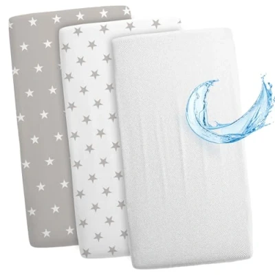 Image de Ensemble drap housse poussette couffin 2 x + protège matelas 120 60 cm étoiles blanc gris