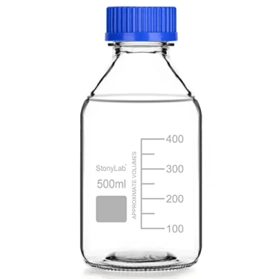 Image de stonylab Bouteille de Stockage Gradués avec Bouchon à vis GL45, 500 ml en Verre Transparent Rond pour Réactifs Laboratoire Bleu, 1 Pack