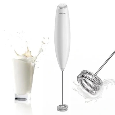 Image de VINATO mousseur à lait électrique, piles avec Fouet en Acier Inoxydable, Mini café pour le café, Latte, Cappuccino, Matcha et Chocolat Chaud, Blanc