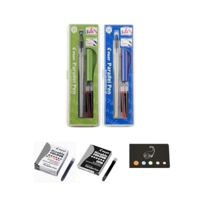 Image de Lot 2 Coffrets Parallel Pen : 3,8 mm + 6,0 6 Cartouches Noires 12 Couleurs Assorties 1 Index Adhesif Blumie (Vert Bleu)