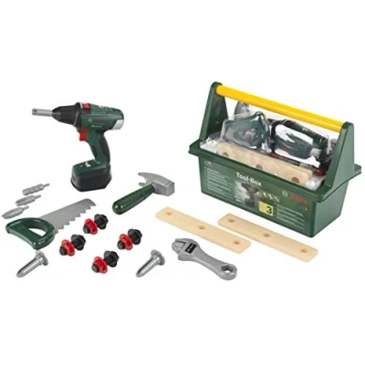 Image de Theo Klein 8520 Caisse à Outils Bosch avec visseuse électronique Nombreux Accessoires : scie, Marteau, clé molette, vis, Lattes, etc. Dimensions 31 x 16,5 22,5 cm pour Enfants dès 3 Ans