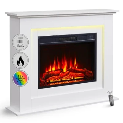 Image de BALDERIA cheminée électrique autoportante FinnFoyer sur Pieds avec Effet de Flammes 3DChauffage 2000W, éclairage LEDCheminée Sol télécommande, minuteur &amp; Thermostat Blanc