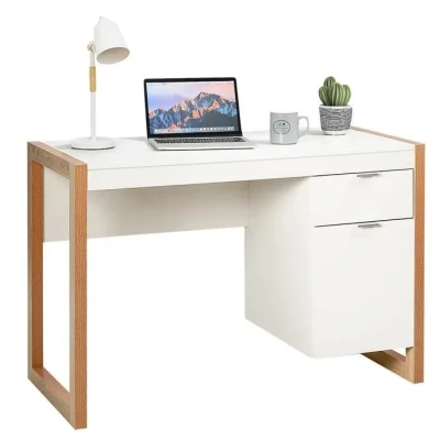Image de Giantex Bureau Informatique en MDF avec 2 Tiroirs Table d’Etude pour Chambre, Bureau, Domicile, Style Moderne,112,5X50X75CM, Blanc