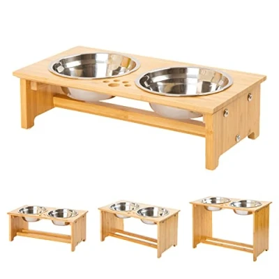 Image de gamelles surélevées pour Chiens et Chats Supports surélevés en Bambou avec 2 d&#039;eau de Nourriture Acier Inoxydable Pieds antidérapants (Small 10 cm High)