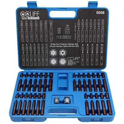 Image de CCLIFE Embouts Torx Douille S2, 54 pièces, XZN M5 M12, Hex H4 H12, Spline T20 T55, avec Adaptateurs 1/2&quot; et 3/8&quot;