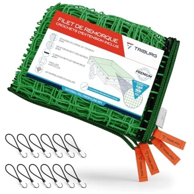 Image de TRIBURG® Filet de remorque 3x4m (renforcé) avec marquages d&#039;angle et 12 Crochets d&#039;expander tendeurs en Caoutchouc pour Une Fixation optimale la Charge
