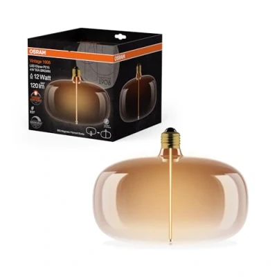 Image de OSRAM Vintage 1906 Big Elipse est une à intensité variabavec un filament en forme d&#039;ellipse. Il propose 4 W pour 120 lm,E27, verre marron thé, diamètre 215 mm, rendu des couleurs CRI 80, 1800 K.