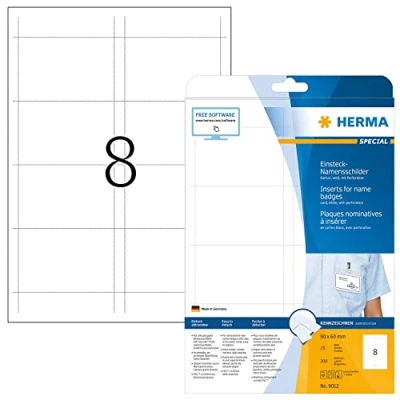 Image de HERMA Lot de 200 recharges pour badges nominatifs, 8 étiquettes par feuille A4, 25 feuilles, 90 x 60 mm, pièces, inserts vierges cartes imprimables