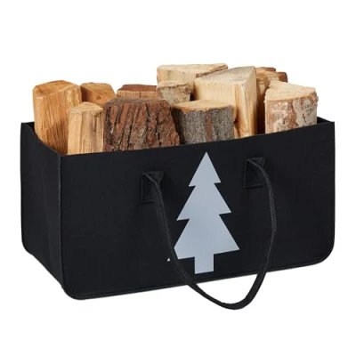 Image de Relaxdays Panier à bûches, Feutre, avec poignées, Sac Rangement Bois, Range Motif Sapin, 28 litres, Noir/Blanc