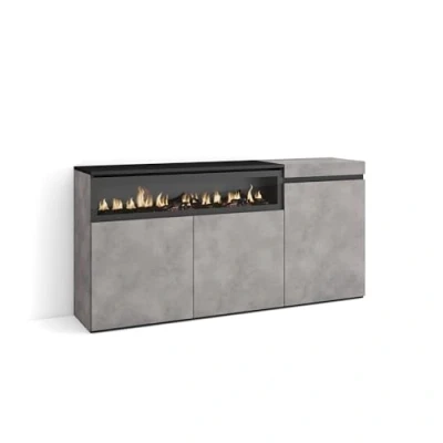 Image de Skraut Home Buffet Salon et Cuisine Meuble de Rangement, Commode 150x75x35cm 3 Portes Cheminée électrique Style Moderne Ciment