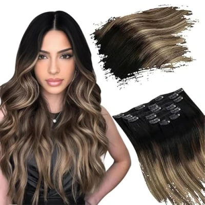 Image de Ugeat Balayage Rajout Cheveux Clip Naturel 35cm Extension Noir a Brun Fonce et Blond Caramel Extensions #1B/4/27 120G 8 Pièces