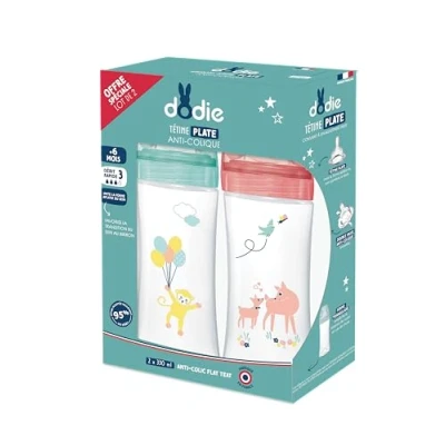 Image de DODIE Lot de 2 Biberons Anti Colique Sensation+ (2x330 mL) Tétine Plate, Débit 3, Sans BPA +6 mois Vert et Rose Air