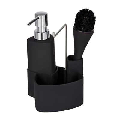 Image de WENKO Kit Vaisselle Empire, 4 en 1 Distributeur de Liquide Vaisselle, Brosse, Support à torchon &amp; Organiseur, céramique Haut Gamme avec Surface Douce, contenance 250ml, 11 x 19 12,5 cm, Noir
