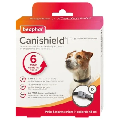 Image de BEAPHAR CANISHIELD 0,77 g 1 collier antiparasitaire pour petits et moyens chiens Substance active : Deltaméthrine Agit contre les tiques, puces phlébotomes 48 cm