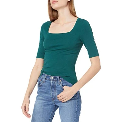 Image de Amazon Essentials T Shirt Ajusté à Manches Mi Longues et Col Carré Femme, Vert Foncé, XS