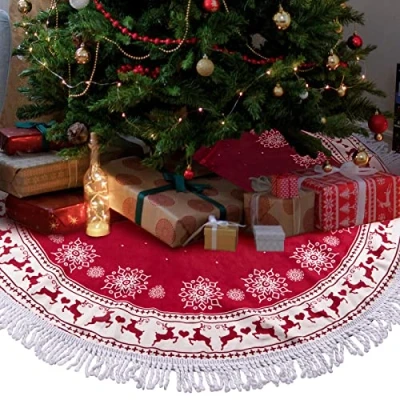 Image de UNOLIGA Jupe de Sapin Noel Rouge, Cache Pied 97cm, Tapis Noel, Couvre Sapin, Tour Dessous Noël, avec Gland Élans en Flocon Neige