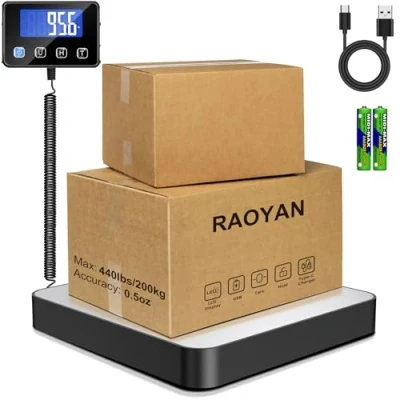 Image de RAOYAN Balance à Colis 200kg/440lb, Haute Précision d&#039;expédition 10g, Inoxydable Pese avec Fonction de Maintien/Tare/LCD, Postale Chargement USB/2 Piles AAA