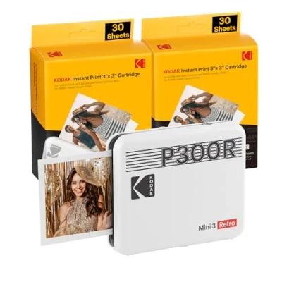 Image de KODAK Mini 3 Retro 4PASS Imprimante Photo Portable (7,6x7,6cm) Paquet avec 60 Feuilles, Blanc