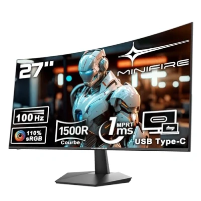 Image de Minifire Écran PC 27 Pouces Full HD (1920x1080) avec Haut parleurs intégrés, 100Hz, 1ms, 1500R Eye Care et FreeSync, VESA, HDMI 1.4, Type C 2.5W, Protection oculaire, Inclinable, VESA 100x100 Noir