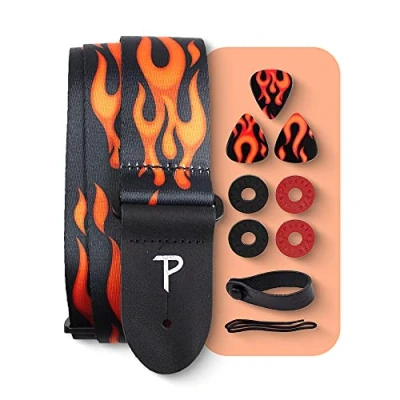 Image de Perri&#039;s Leathers Ltd. Lot Sangle de Guitare en Polyester Flame 3 Médiators Moyens 0,71 mm, 1 Adaptateur Acoustique cuir, 4 Verrous et Lacet Fabriqué au Canada (LPCP 591 PKG)