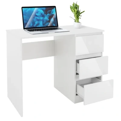 Image de ML Design Bureau avec Tabouret et 3 Tiroirs, 90x76x50 cm, Blanc, Beaucoup d&#039;Espace de Rangement, Table Travail d&#039;Ordinateur, Pouf Gris Clair Ø33 Pivotant Réglable en Hauteur 52 65 cm
