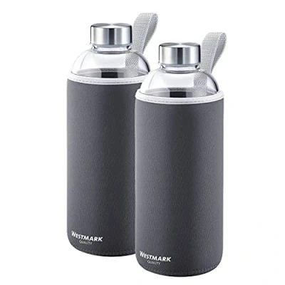 Image de Westmark Set de 2 Gourdes , en Verre avec impression, 1 Housse protection pour chaque, 1000 ml, Verre/Silicone/Caoutchouc, sans BPA, Viva, Anthracite/argenté/clair, 527422E6