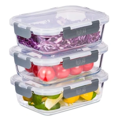 Image de Igluu Meal Prep Lot de 3 récipients en verre avec couvercles anti fuite, contrôle des portions hermétiques aliments. Sans BPA, passe au micro ondes, four et lave vaisselle 1050 ml