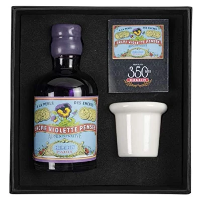 Image de Jacques Herbin 27977T un coffret encrier spécial 350 ans comprenant en porcelaine, une notice et flacon d&#039;encre 100 ml couleur Violette pensée