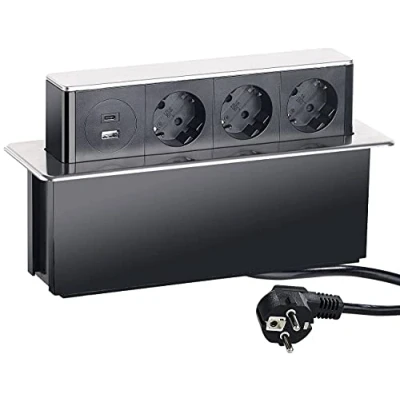 Image de Multiprise encastrable avec 3 prises 230 V, 1 port USB et C Argent [Revolt]