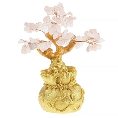 Image de lachineuse Arbre Feng Shui en Quartz Rose de Fortune 17 cm Décoration Asiatique Japonais avec Support Doré Déco Pierres Précieuses Objet Zen