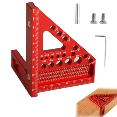 Image de Équerre 3D Angle réglable de 22,5 à 90 outil menuiserie haute précision en alliage d’aluminium 3 1 : traçage/perçage/mesure adapté aux menuisiers et ingénieurs (Rouge)