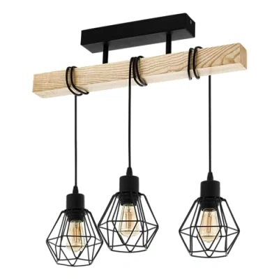 Image de Eglo Suspension Townshend 5, lustre à 3 lampes, abat jour suspendu au design vintage et industriel, éclairage rétro en acier noir bois, certifié FSC, douille E27