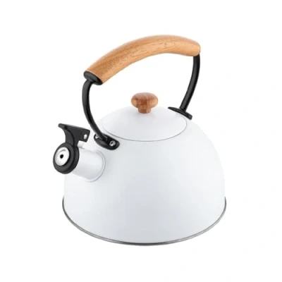 Image de FLORINA Bouilloire en acier inoxydable NATURA (2,3 l) sifflante avec poignée bois Sifflet automatique pour plaque à induction, gazinière et électrique Blanc