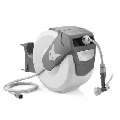 Image de Fuxtec Dévidoir Automatique FX WSA20G 20 m De Tuyau d&#039;Arrosage ½ Pouce Enrouleur pour Montage Mural avec Douchette Et Raccords Pivotant à 180 (65x29x46 cm)